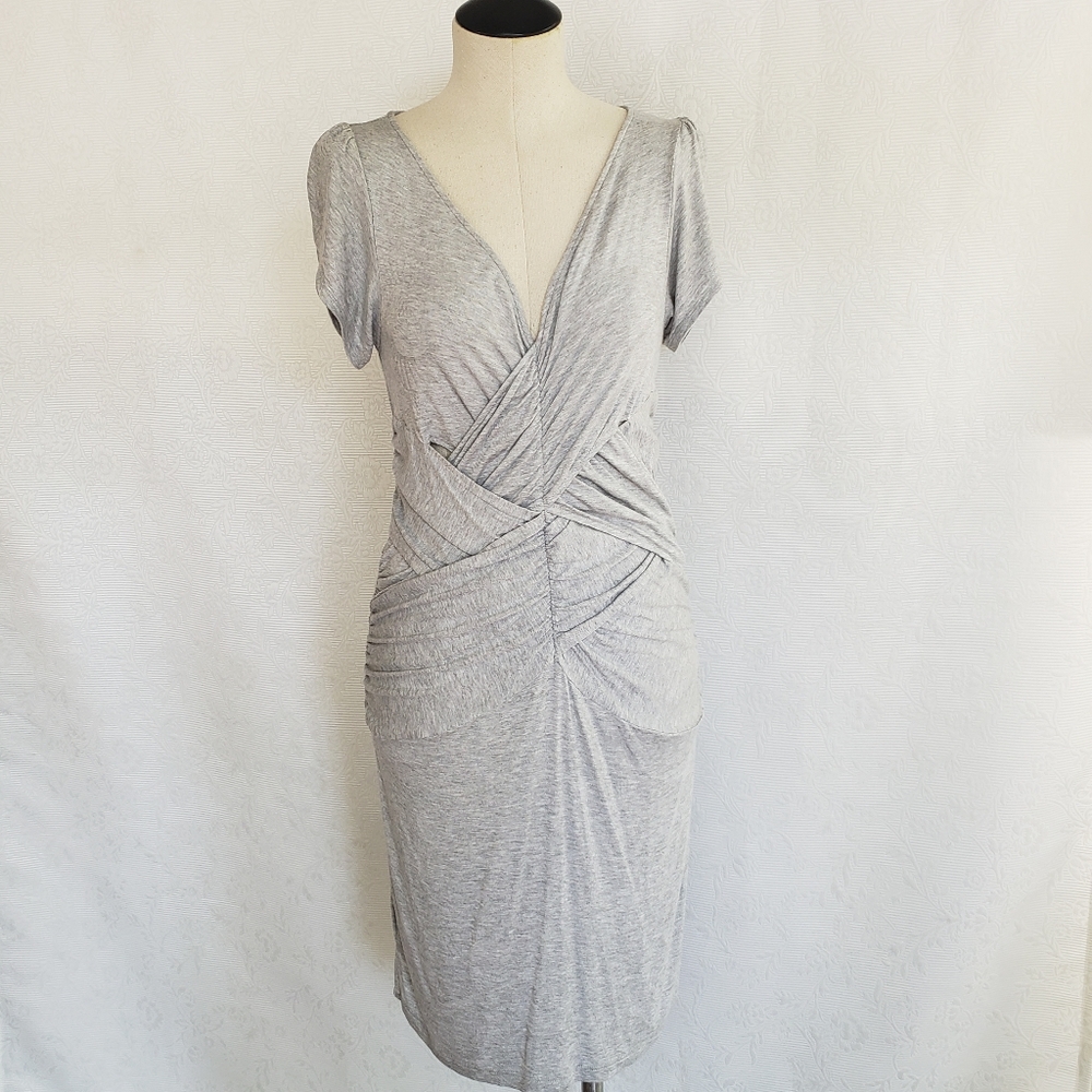 BCBGirls Bodycon Dress Size M Gray Crisscross Ruched w/ Shimmery Printed Pattern